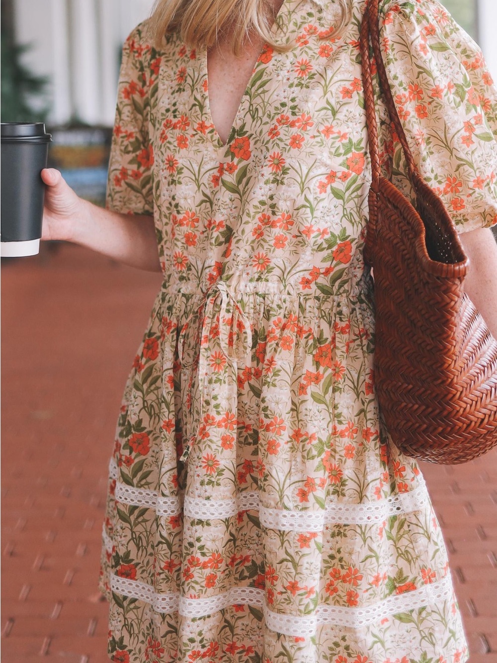 Cream Floral Mini Dress with Orange Blooms